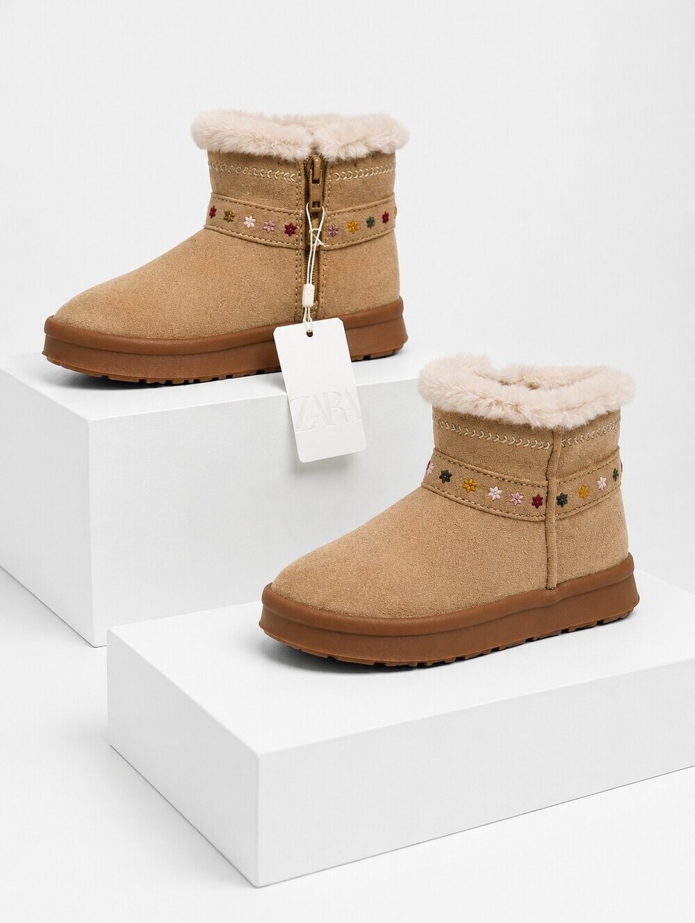 Zara Kids Embroidered Shearling Ankle Boots Beige Sz 28 NWT